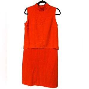 Akris Punto Orange Dress Knee Length Chiffon Top Overlay Knit Body & Skirt S/M